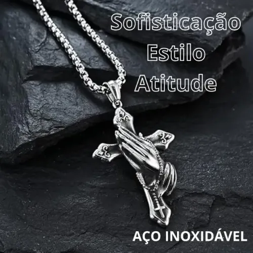 Colar Corrente Oração Orando Mãos Cruz Crucifixo Aço Fé Inox