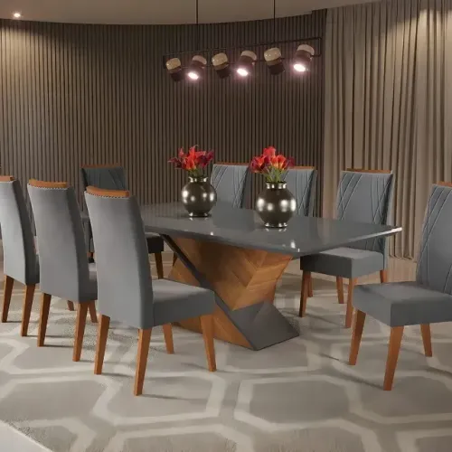 Conjunto Mesa de Jantar com 8 Cadeiras e Tampo de Vidro