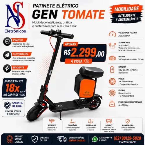 PATINETE ELÉTRICO GEN TOMATE POTÊNCIA MÁXIMA 700W