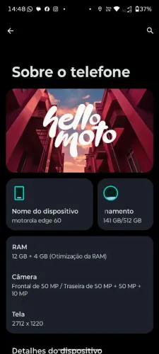 Edge 60 12 de ram 512 memória interna