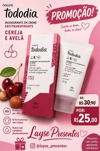 Desodorante em creme Antitranspirante,Cereja e Avelã da Natura 