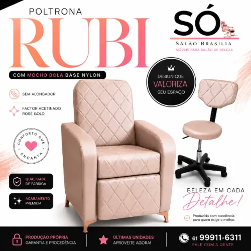 Poltrona Rubi para Salão de Beleza + Mocho Bola Base Nylon | Móveis Premium para Salão 