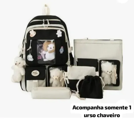 Kit Mochila Escolar 5 Peças Estilo Coreano Preta