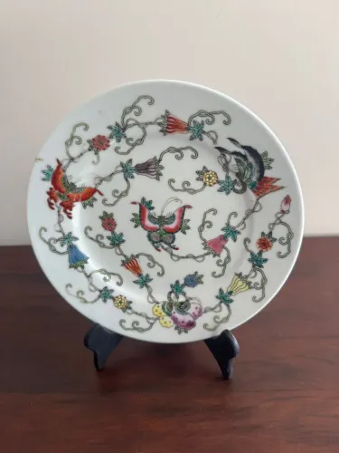 Prato decorativo porcelana estilo oriental com pássaros