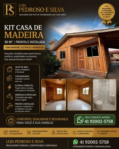 Kit casa de Madeira 30 m2, pronta instalado com banheiro, elétrica, hidráulica
