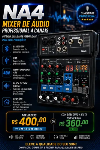 Mesa de som e interface de áudio 4 canais com efeito USB e bluetooth em promoção