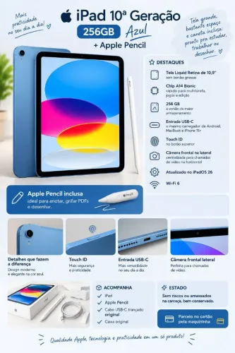 iPad 10ª Geração 256GB Azul + Apple Pencil Original