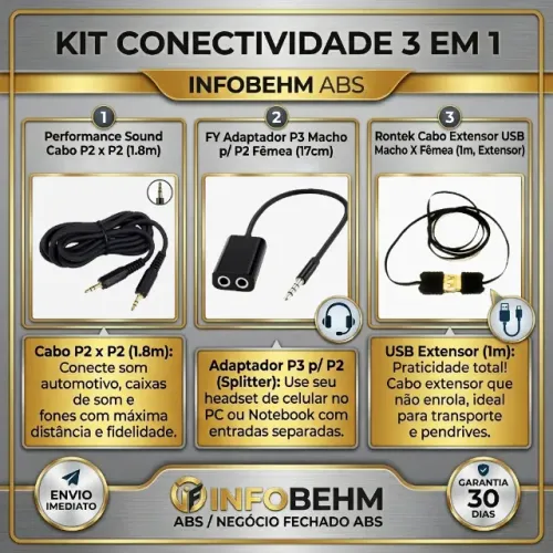 Kit Conectividade: Cabo P2 1.8m + Adaptador Headset P3 + Extensor USB Retrátil
