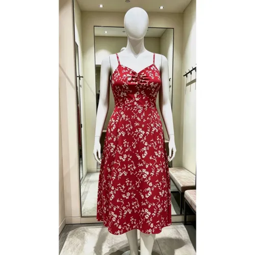 Vestido Midi Feminino Vermelho Floral
