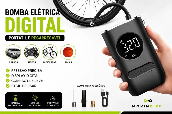 Bomba de Ar Elétrica Digital Portátil para Bike, Moto e Carro