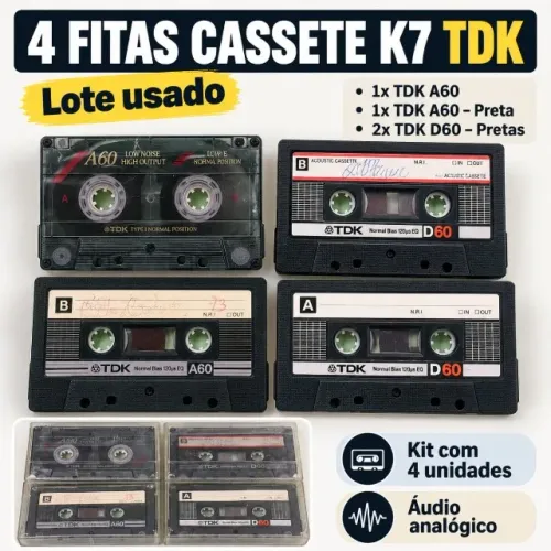 4 Fitas Cassete K7 TDK A60 e D60 Vintage Usadas