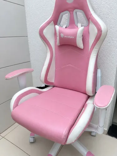 Cadeira Gamer Rosa e Branca com Rodinhas e Apoio Lombar