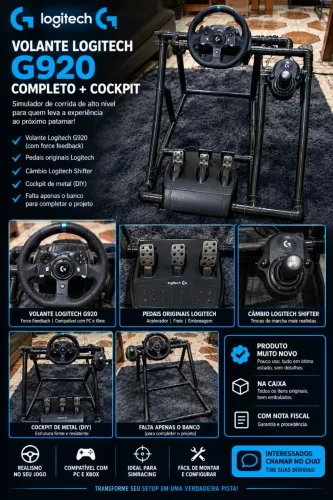Volante + câmbio Logitech 920 com cockpit na caixa e NF