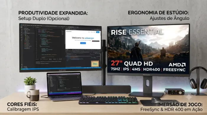 Monitor Gamer Rise Mode Essential 27", QHD, 4ms, IPS, FreeSync, HDR 400, FreeSync, HDMI e
