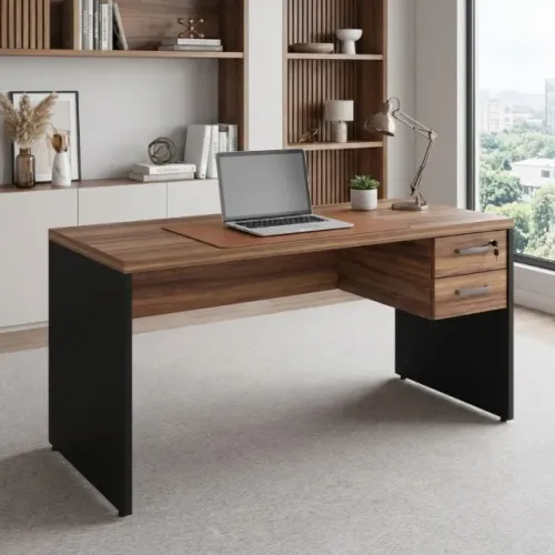 Mesa de Escritório 1,70×0,70m com 2 Gavetas Nogal Sevilha/Preto Design Elegante 21475
