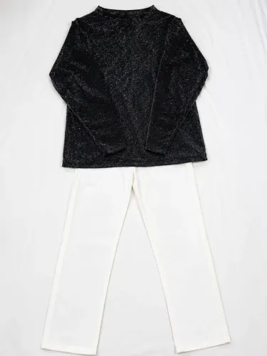 Conjunto Feminino Blusa Preta com Brilho + Calça Branca