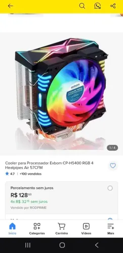 Cooler Exbom Gamer Universal Com 4 Heatpipes Cobre RGB Cp-h5400