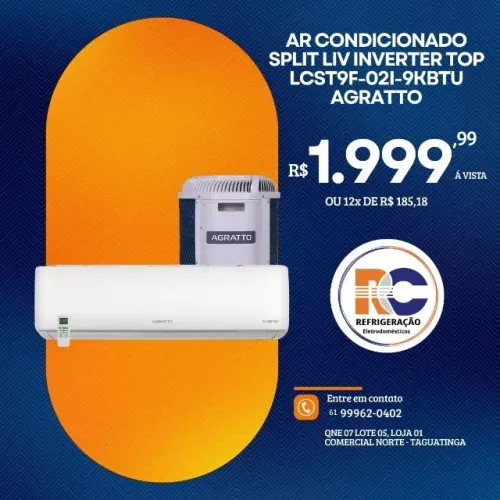 AR CONDICIONADO SPLIT INVERTER TOP 9000 BTUS AGRATTO