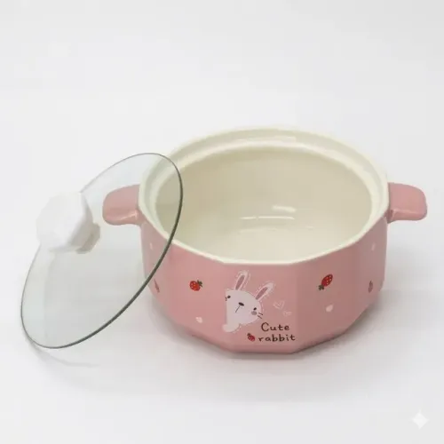 panela rosa de cerâmica com tampa de vidro
