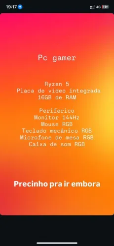 PC Gamer Completo + Monitor 144Hz.        Faço bolo em ps4