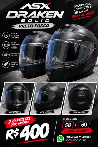 CAPACETES ASX DRAKEN - PRETO FOSCO