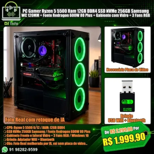 PC Gamer Ryzen 5 5500 Ram 12GB DDR4 SSD NVMe 256GB Samsung WC 120MM Fonte 600W Gabiente RG