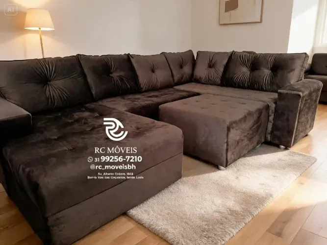 Sofá de canto Grande 3,10m com Chaise e Puff veludo macio D33 Premium