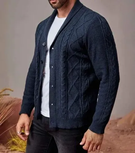 Blusa Cardigan Gola Xaile Malha De Cabo Lã Masculino