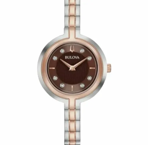 RELÓGIO FEMININO, EM AÇO BICOLOR E DIAMANTES, NOVO, MARCA BULOVA.
