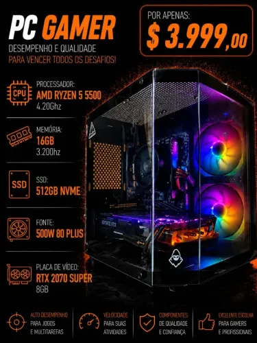 PC Gamer Ryzen 5 5500 4.2Ghz / Mem 16Gb / SSD 512Gb / RTX 2070 Super 8Gb (aceito cartão)