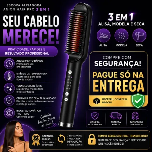 Escova Alisadora 3 em 1 Pague só na entrega