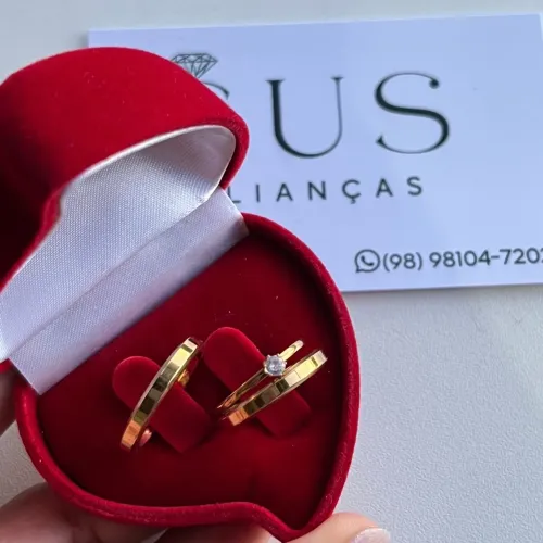 Par de Aliança Chanfrada 3mm Banho de Ouro 18k +Solitaria + Caixinha; Namoro,Noivado