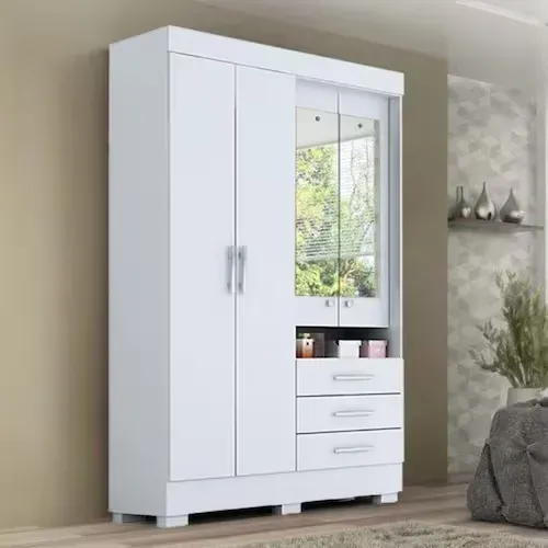Guarda Roupa Solteiro 4 Portas 3 Gavetas Capelinha com Espelho 100% MDF Débora ACP Móveis