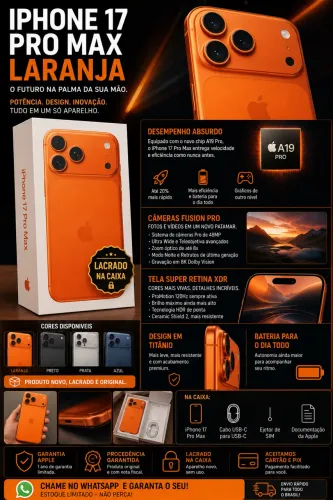 iPhone 17 Pro Max Laranja - Novo 1 semana de usoe Pronto para Entrega