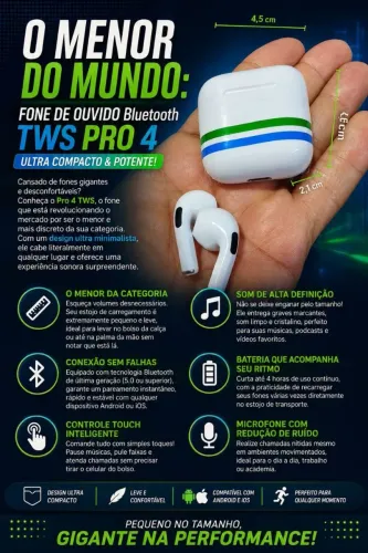 Fone de ouvido pro 4 com ótima duração de bateria