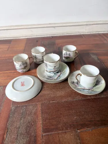 Jogo 5 Xícaras Café Porcelana Oriental Paisagem Antigas