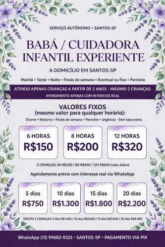 Babá/Cuidadora Infantil experiente a domicílio em Santos-SP