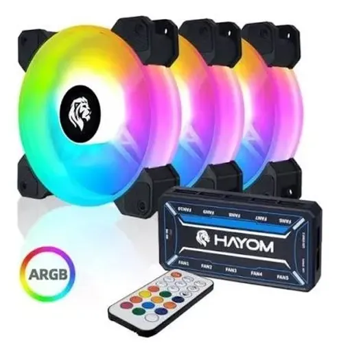 Kit 3 Fan Gamer ARGB Led HAYOM 120mm, Led ARGB 12v. 6 Pinos com Controladora e Controle