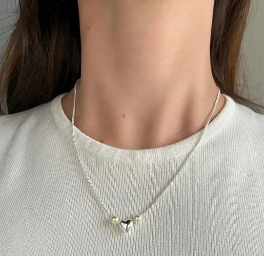 Colar prata 925 - pérola e coração 
