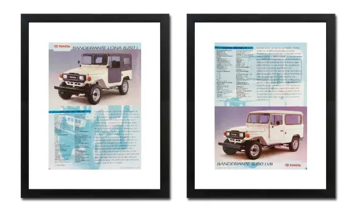 Toyota Bandeirante - Kit 2 quadros decorativos com matéria original de revista