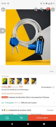 Cadeado de bicicleta 100cm - Acompanha 2 chaves