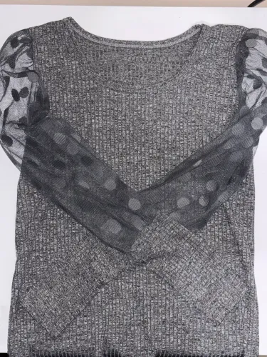 Blusa Canelada Cinza Mescla Manga Longa Tule Poá