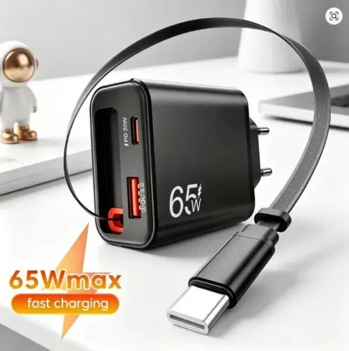 Carregador USB 65W Cabo Retrátil de Carregamento Rápido Tipo C Android/Iphone QC 3.0 PD