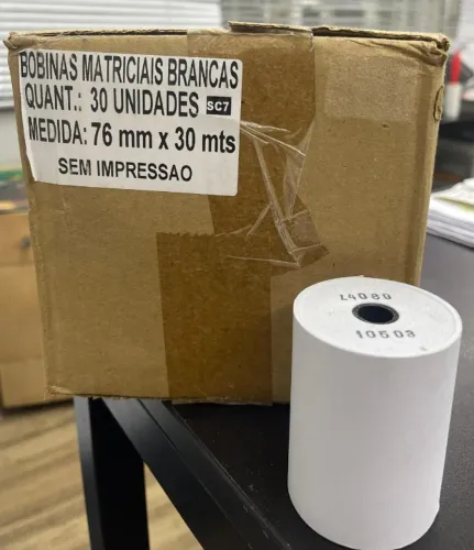 Bobinas matriciais brancas 76mm x 30m, caixa com 30 unidades
