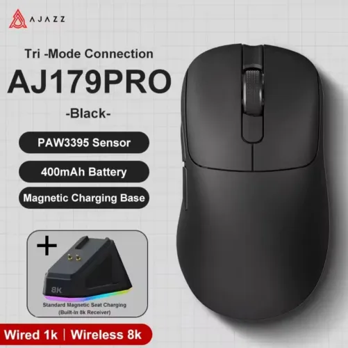 Mouse Ergonômico - Sem fio - AJAZZ - AJ179PRO - Preto - Dock de carregamento - PAW 3395