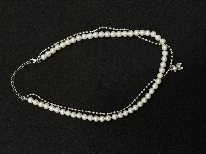 Colar de pérolas + Corrente Prata com pingente Urso Brilhante Hip Hop Premium