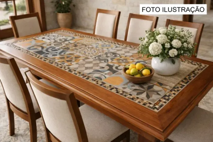 Mesa de jantar em madeira maciça - artesanal - Tampo em cerâmica