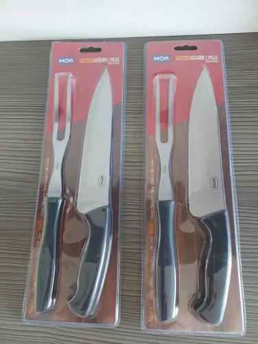 Conjunto assador de churrasco garfo trinchante faca em aço inox