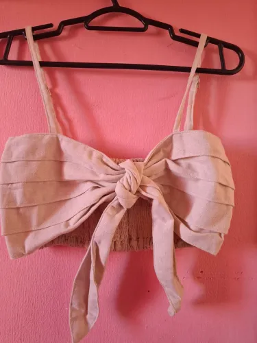 Cropped Fille Denim Bege Franzido com Laço Tam. 42 Novo