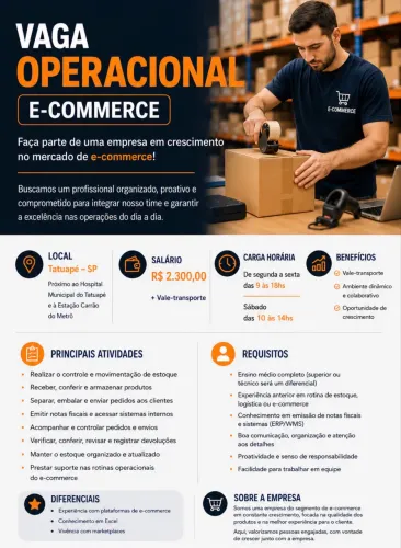 Auxiliar de Operações de E-commerce | CLT | Tatuapé | R$ 2.300 + VT